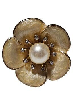Vintage Flower Ring Faux Pearl Rhinestones Gold Tone Stretch Retro Fashion Women